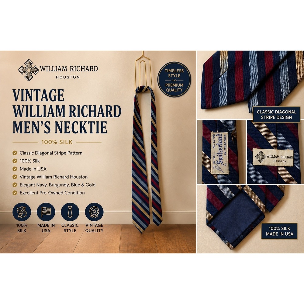 William Richard Houston Mens Silk Tie Vintage Diagonal Stripe Navy Burgundy Gold